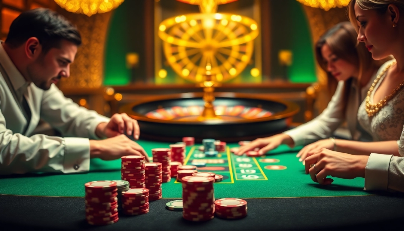 Exciting poker game scene at F8bet casino with dealers and colorful chips.