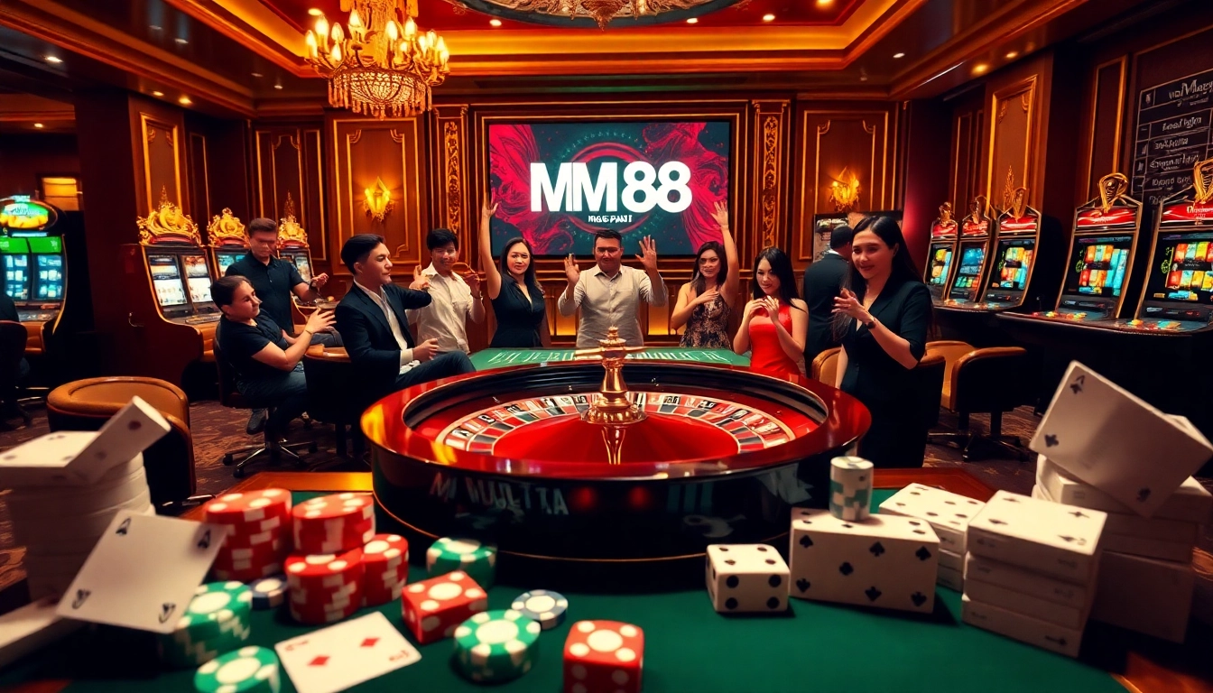 Thrilling scene of gamblers engaging at the MM 88 casino with roulette, poker chips, and an elegant atmosphere.