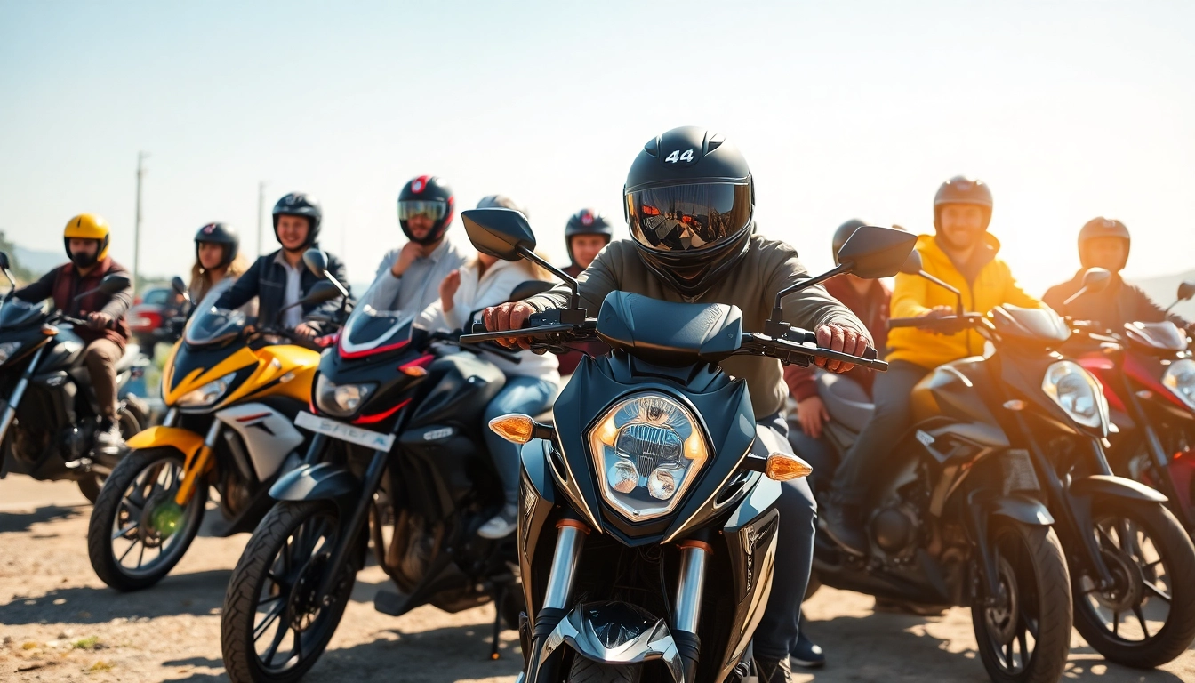 Scène dynamique de motards variés avec des motos Motopaco, montrant style et aventure.