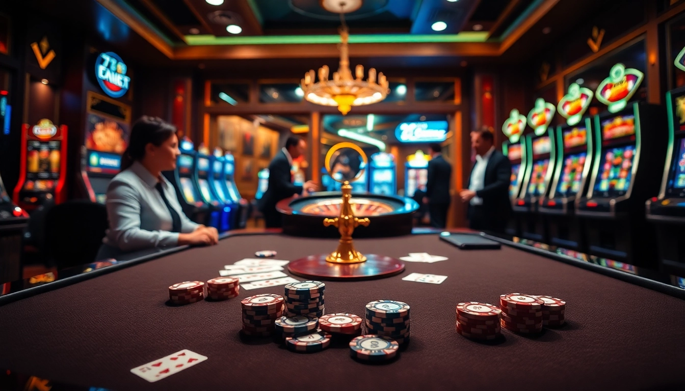 Players strategizing wins at a luxurious 789BET LINK casino scene with poker and roulette tables.