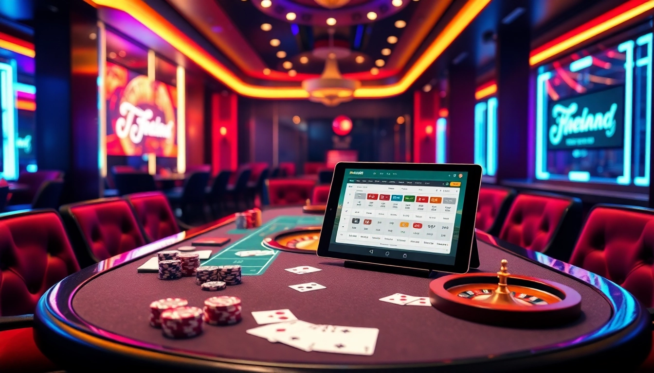 Khela88 bet scene with vibrant casino table, poker chips, and roulette wheel displaying excitement for players.