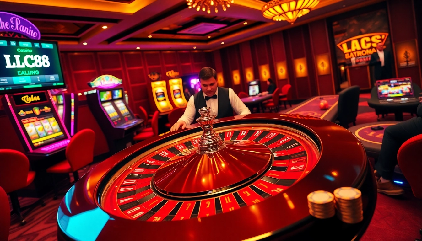 Players engaging with Lc88's online betting interface at a vibrant casino setup.