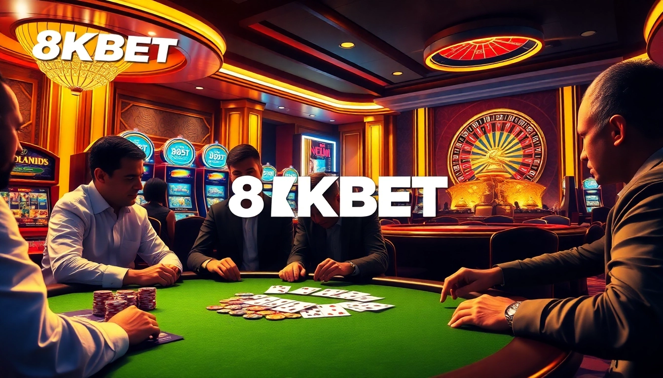 Experience thrilling gameplay at 8KBET with players at a poker table and vibrant slot machines.