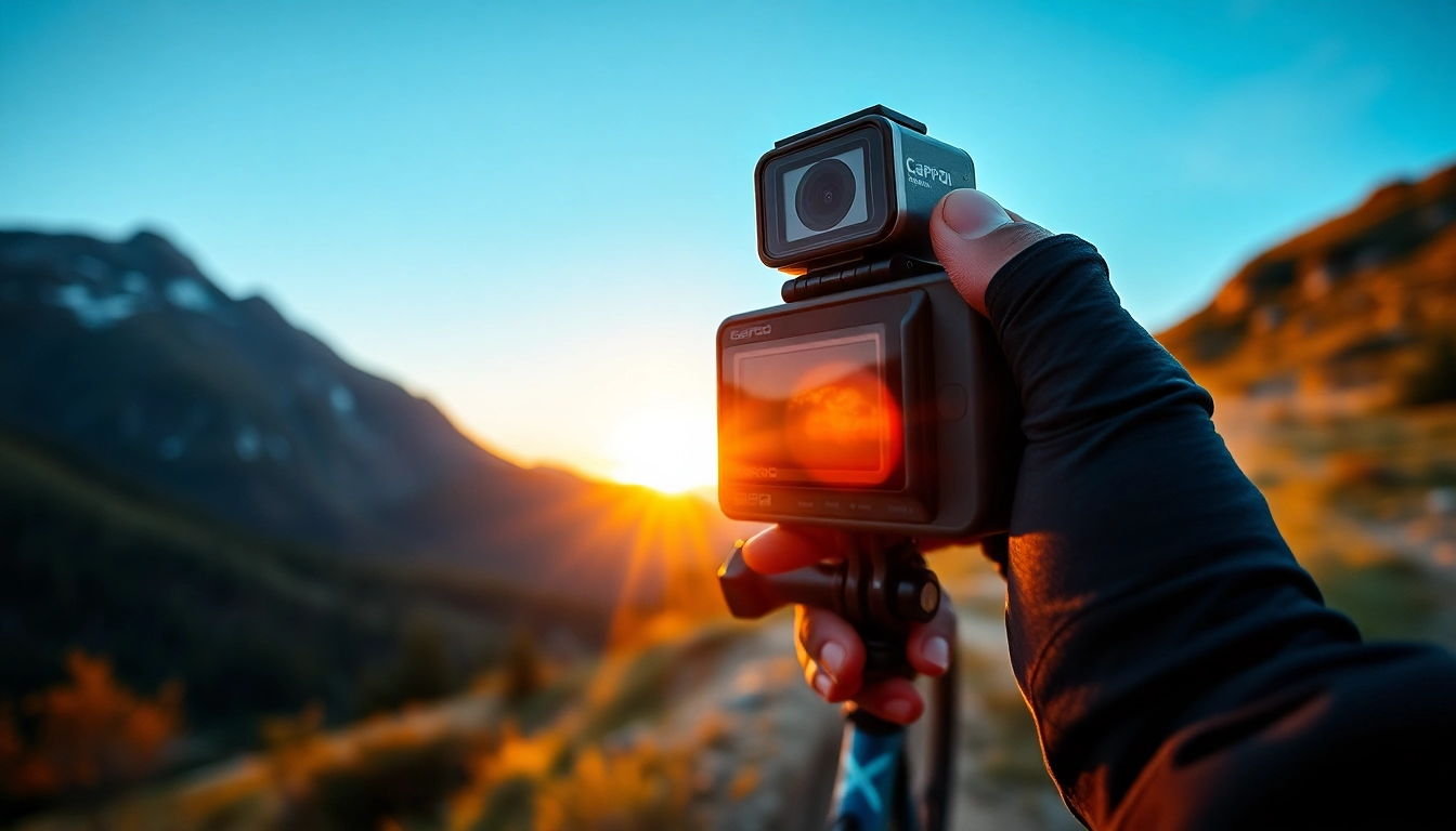 Action camera capturing an adventurous mountain biking scene during sunset.