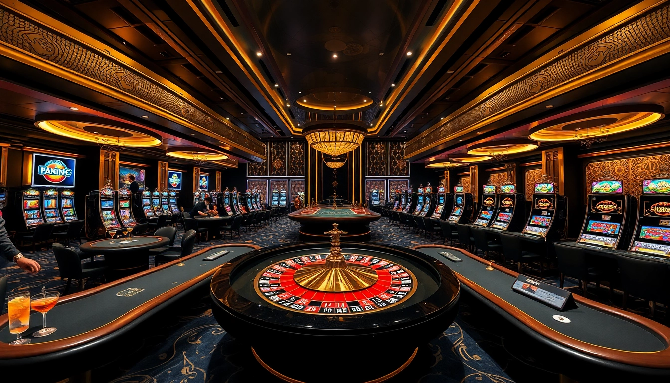 Players enjoying high-stakes games at the luxurious Sky Club casino, with vibrant tables and lighting.