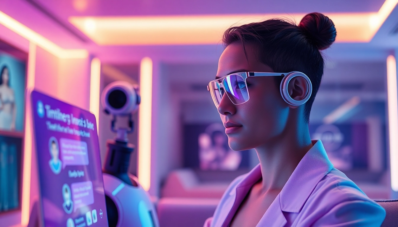 Engaging ai sex chat interaction with a friendly AI character in a modern digital space.