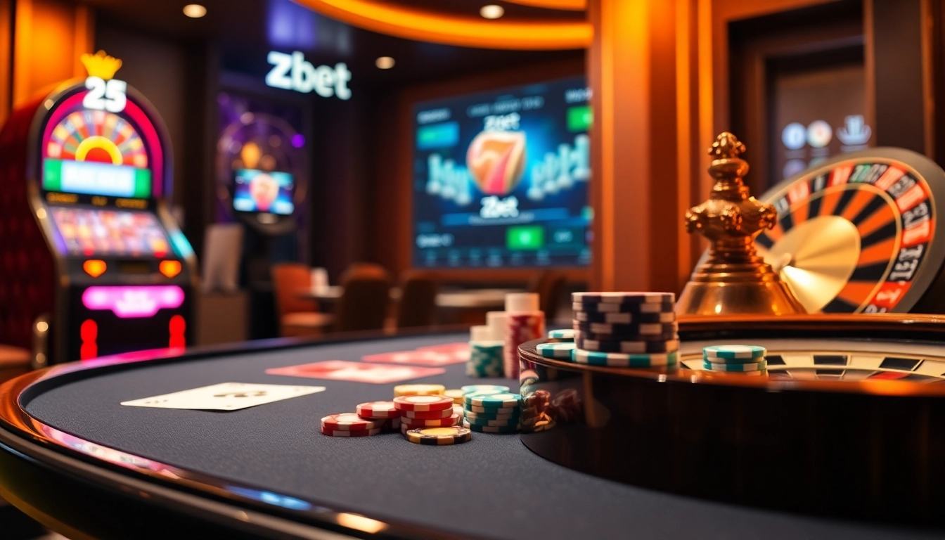 Experience the excitement of zbet. com with vibrant casino visuals featuring poker chips, cards, and a roulette wheel.