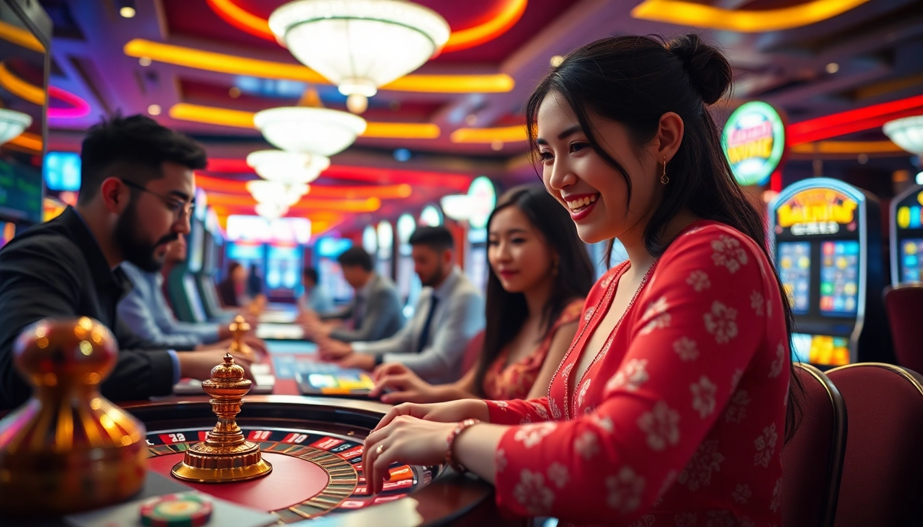 Experience the excitement of LC88 Com with players enjoying casino games in a vibrant setting.