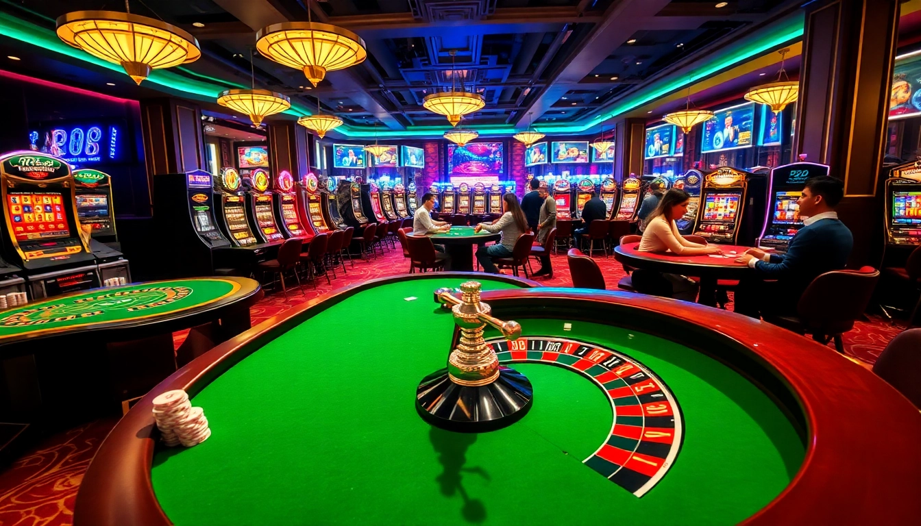 Players experiencing thrill at RR88 Auction's upscale casino with vibrant poker tables and slot machines.