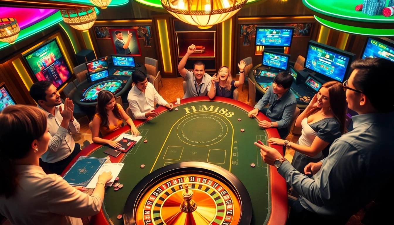 Engaged players in a luxurious casino at HM88 experiencing high-stakes excitement while playing poker and roulette.