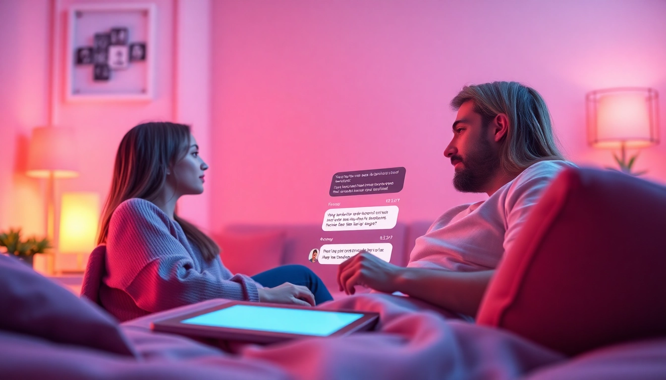 Engaging in ai sex chat with a digital companion in a cozy, romantic setting.