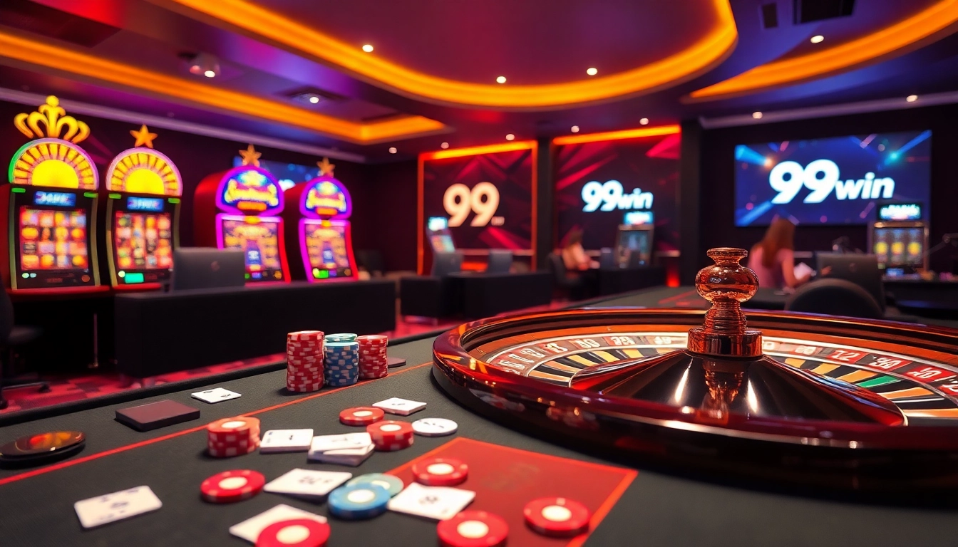 Exciting casino ambiance featuring vibrant 99win gaming table with poker chips and slot machines.