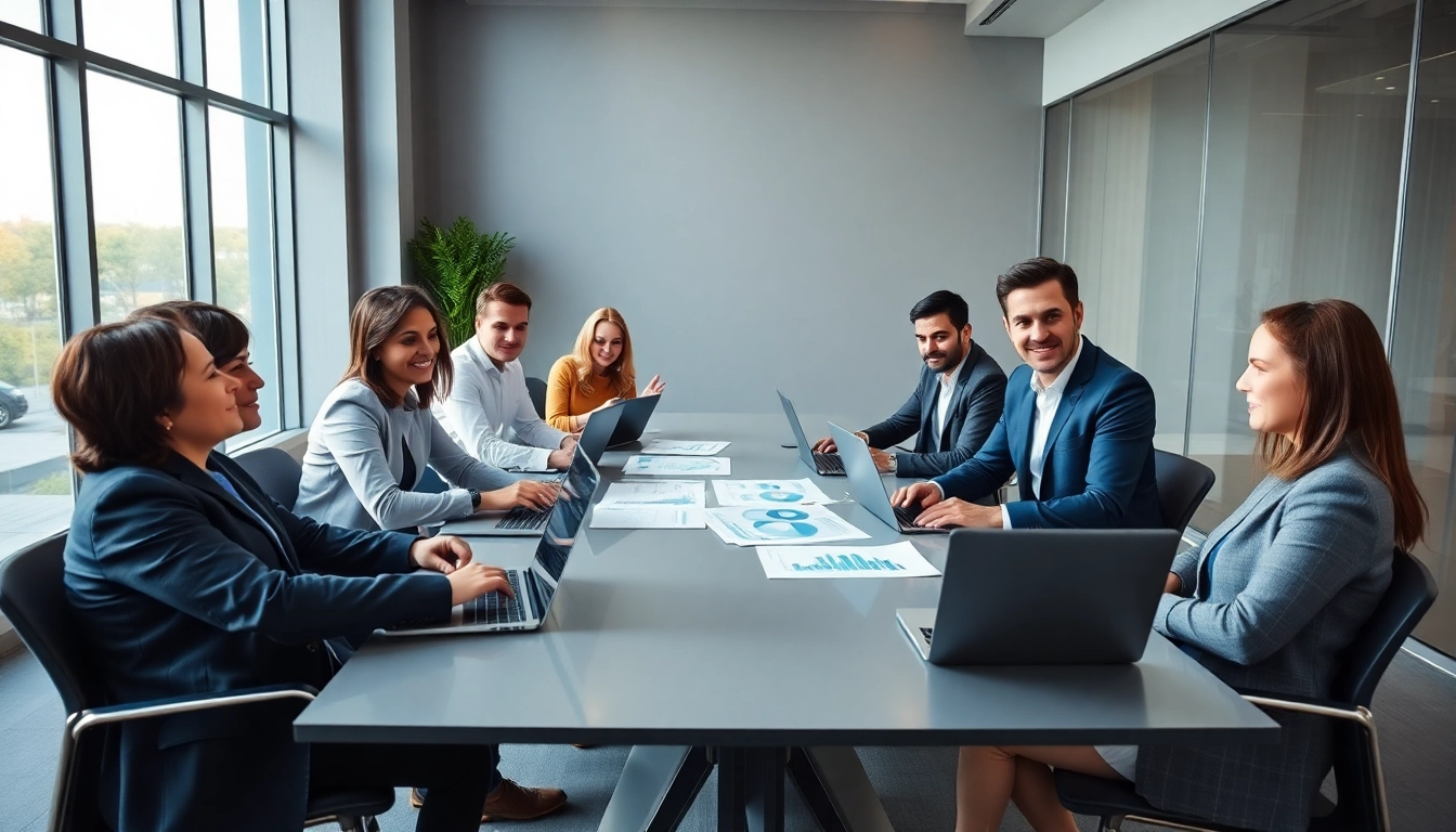 Team aziendale impegnato a discutere di comprare un'azienda in un moderno ufficio