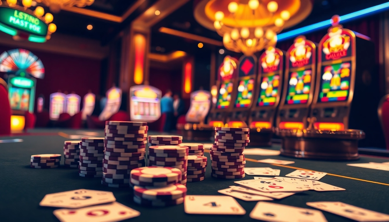 Exciting casino layout featuring LC88 bio elements, poker chips, and glowing slot machines.