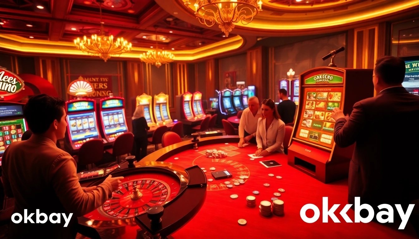 Players celebrating wins at the luxurious okbay casino, showcasing vibrant tables and exciting gambling action.