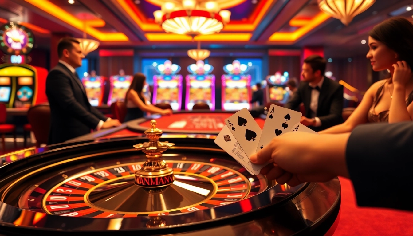 Excited players enjoying a thrilling gambling experience at https://king88b.us.com/ with vibrant casino elements.