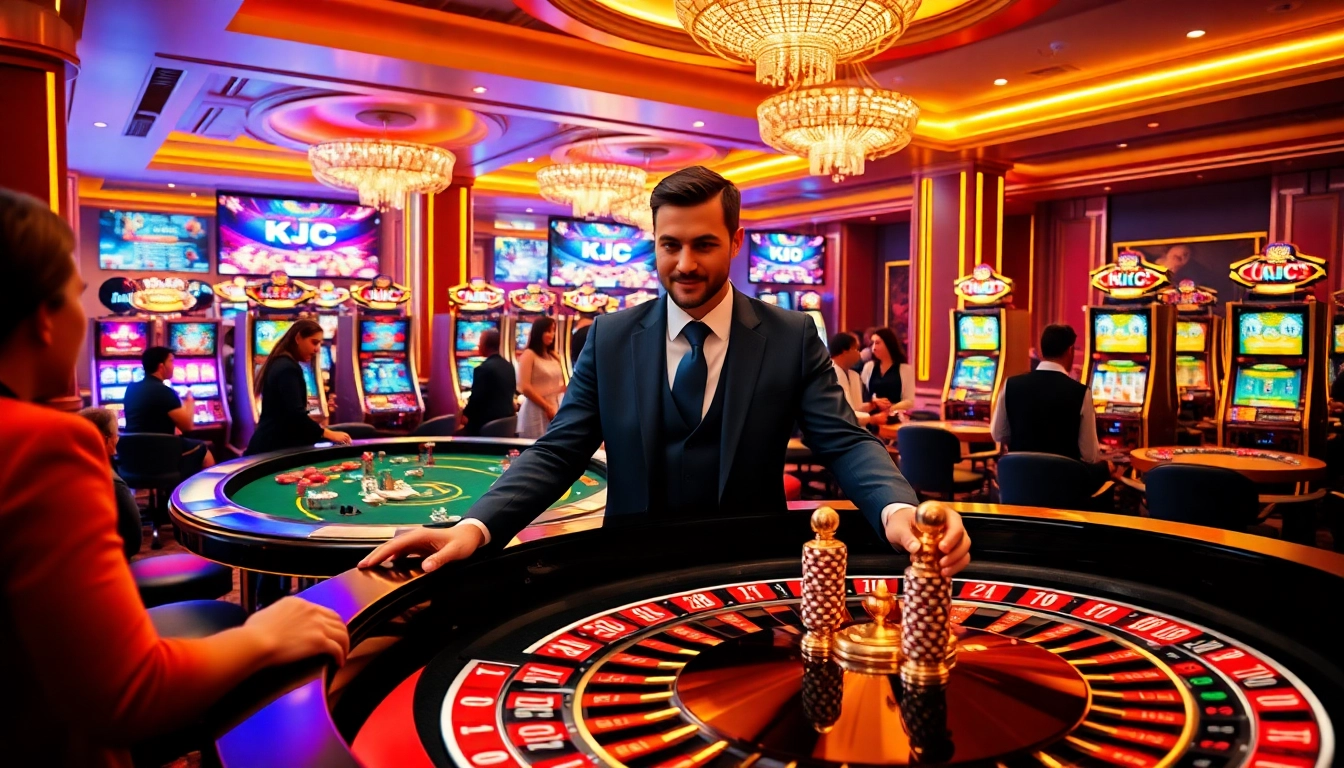 KJC casino scene featuring a live dealer at the roulette table, showcasing luxury and excitement in gambling.