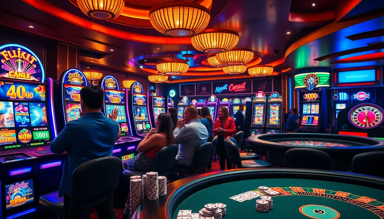 Players enjoying the doaslot machines in a vibrant casino setting, filled with excitement and energy.