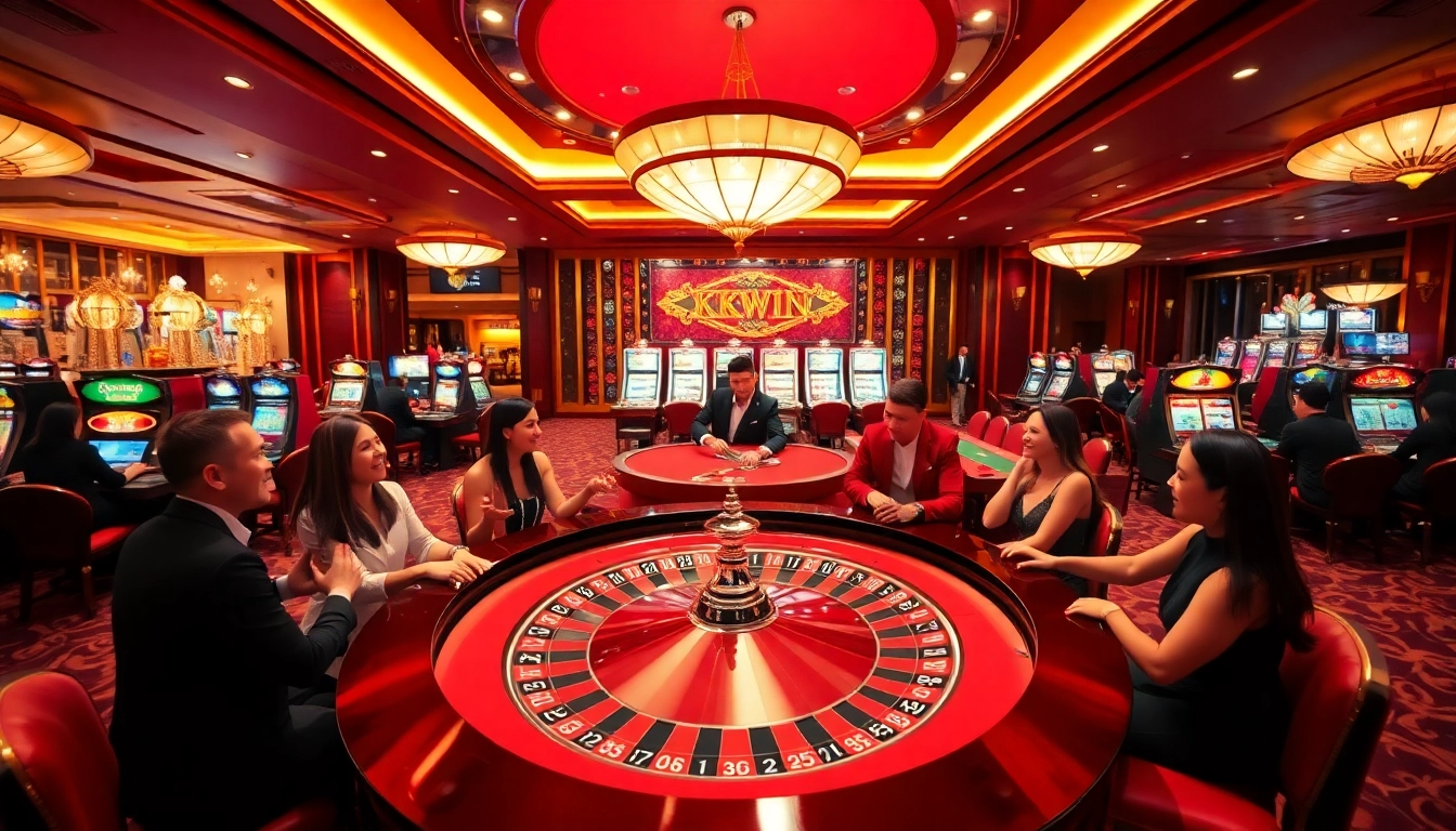 Excited players at a luxurious casino engaging with games, exemplifying kkwin com's vibrant gambling atmosphere.