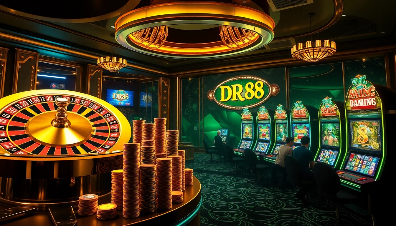 Experience thrilling gameplay at DR88 with vibrant slot machines and elegant roulette wheels.