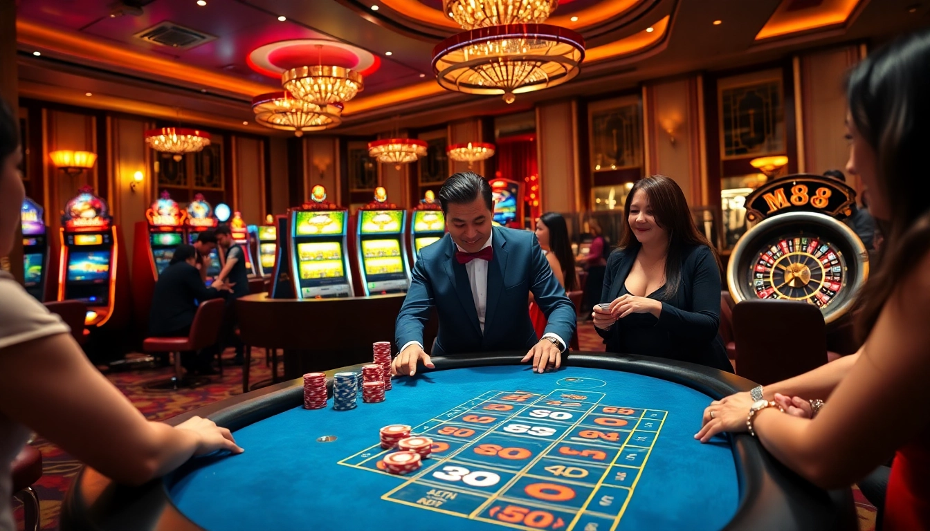 Players enjoying the excitement of MM 88 casino games at a vibrant table.