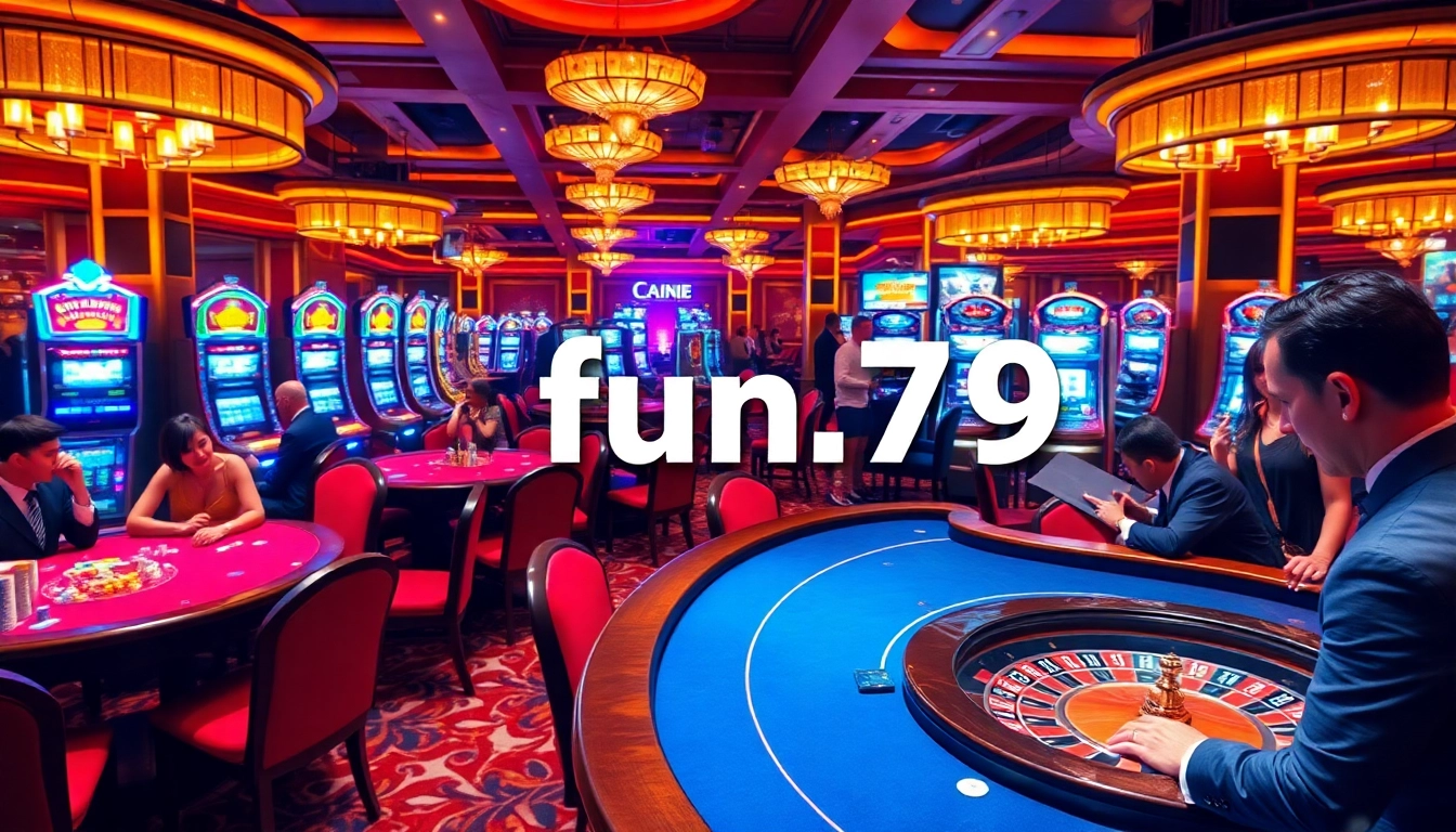Experience the excitement of fun79 in a luxurious casino setting with poker tables and vibrant slot machines.