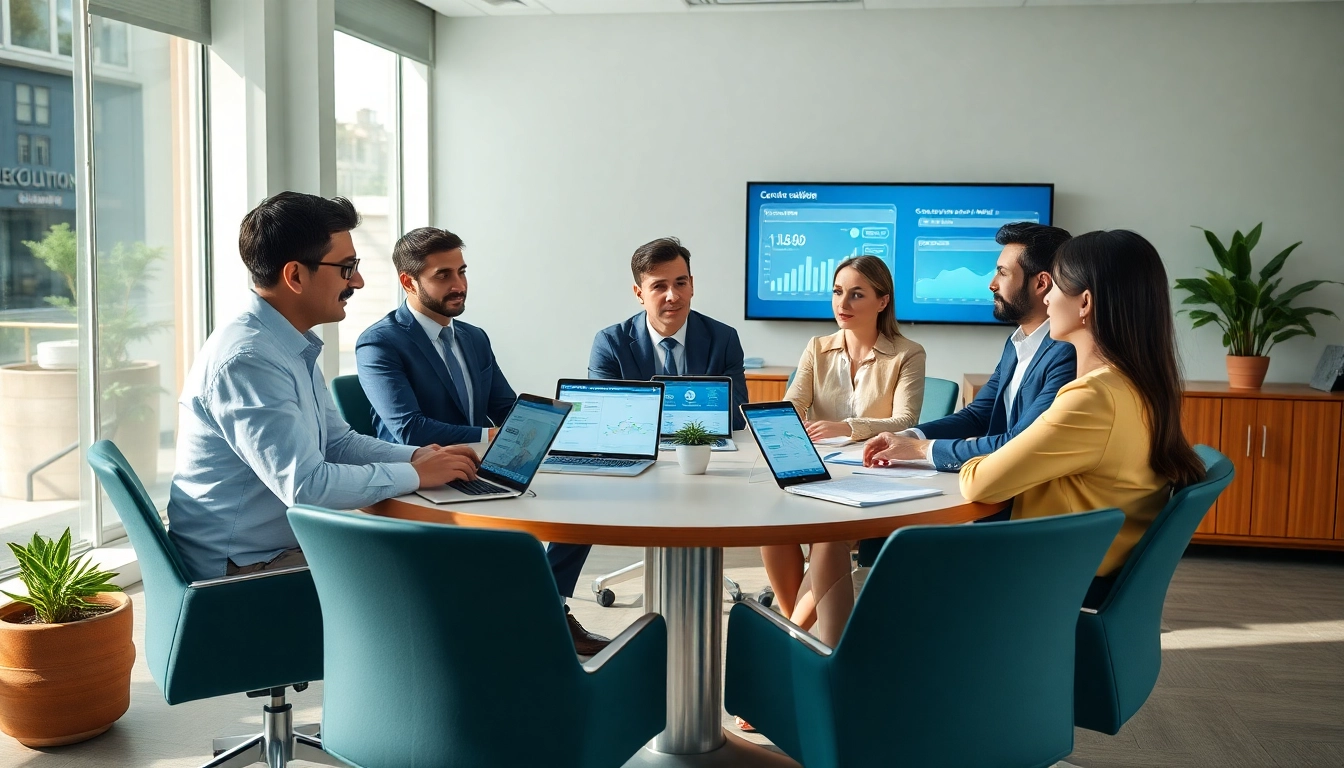 Scena coinvolgente che illustra i prezzi di Clinica del Debito, con consulenti finanziari che assistono una clientela diversificata in un ufficio moderno.