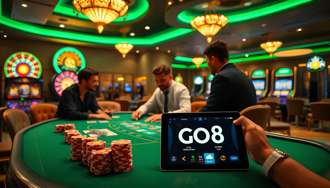 Experience premium gambling excitement with GO8 at a luxurious casino table filled with chips and cards.