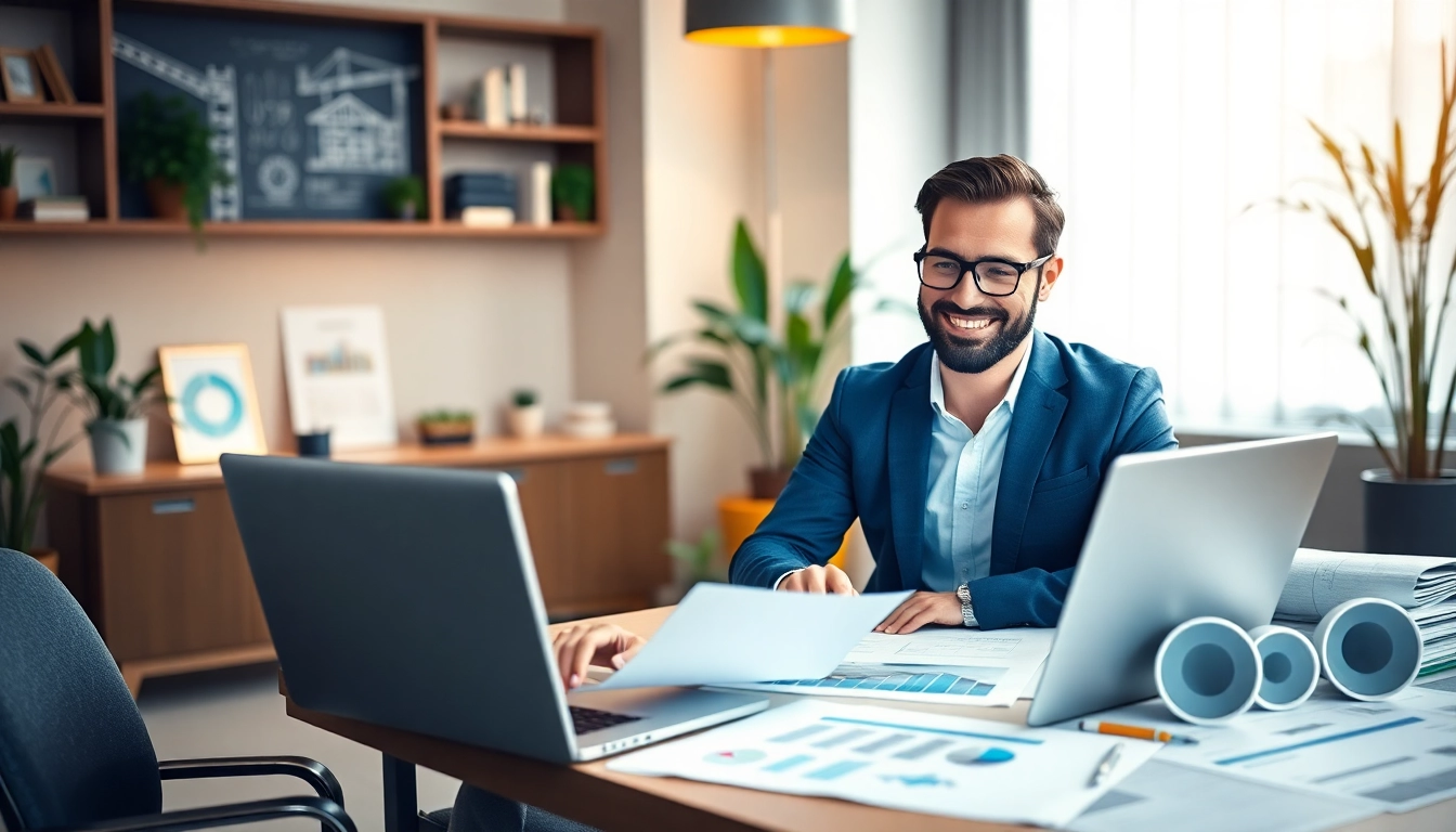 Księgowość dla spółki budowlanej z profesjonalnym księgowym w nowoczesnym biurze.