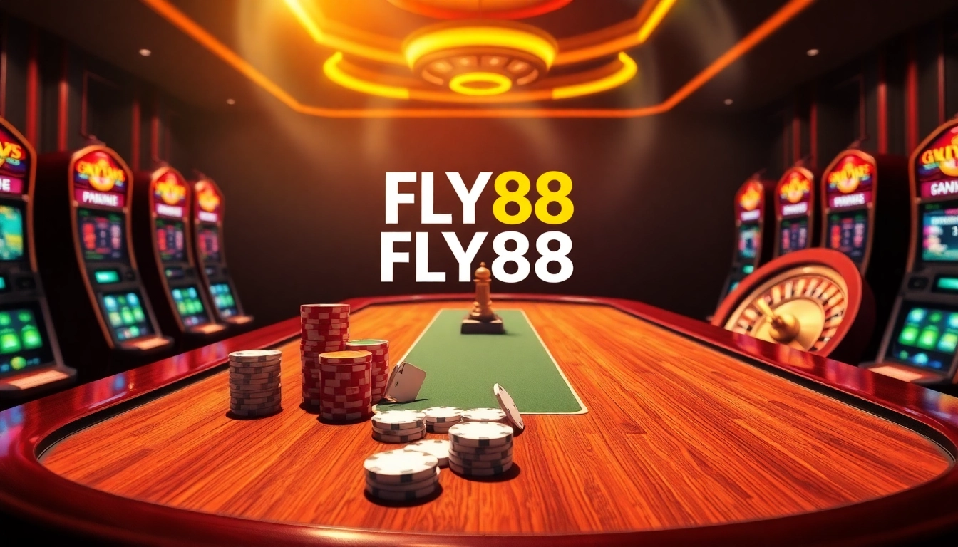Experience the thrilling gameplay at FLY88 with a vibrant casino scene featuring colorful slot machines and elegant game tables.