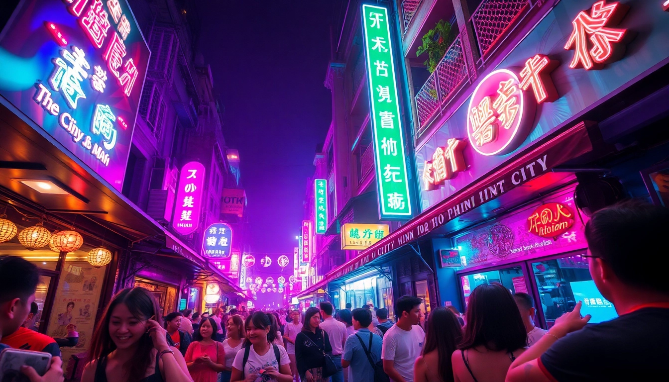 Dynamic atmosphere of 호치민밤문화 with lively crowds enjoying nightlife with neon lights.