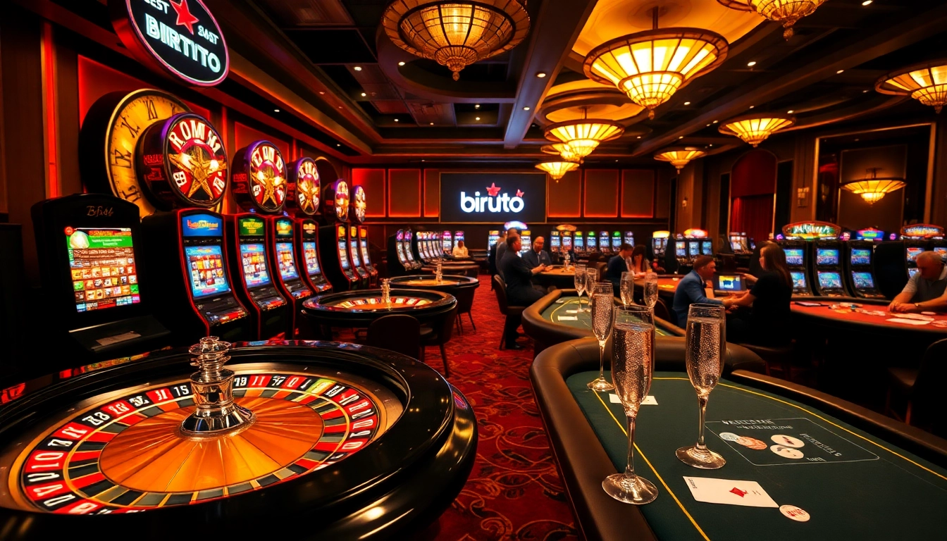 Engaging birutoto gaming scene with lively casino tables and vibrant slot machines.