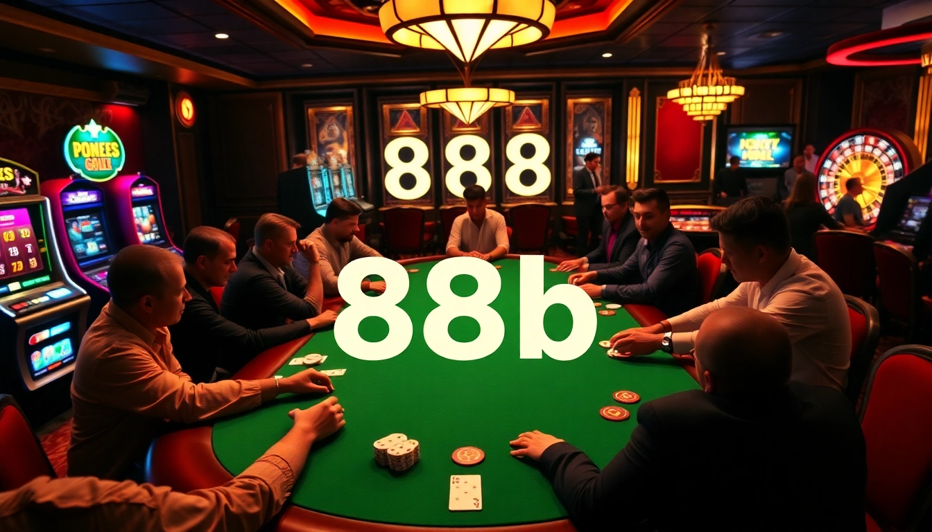 Players enjoying high-stakes poker at the 888b casino, featuring luxury decor and vibrant gaming action.