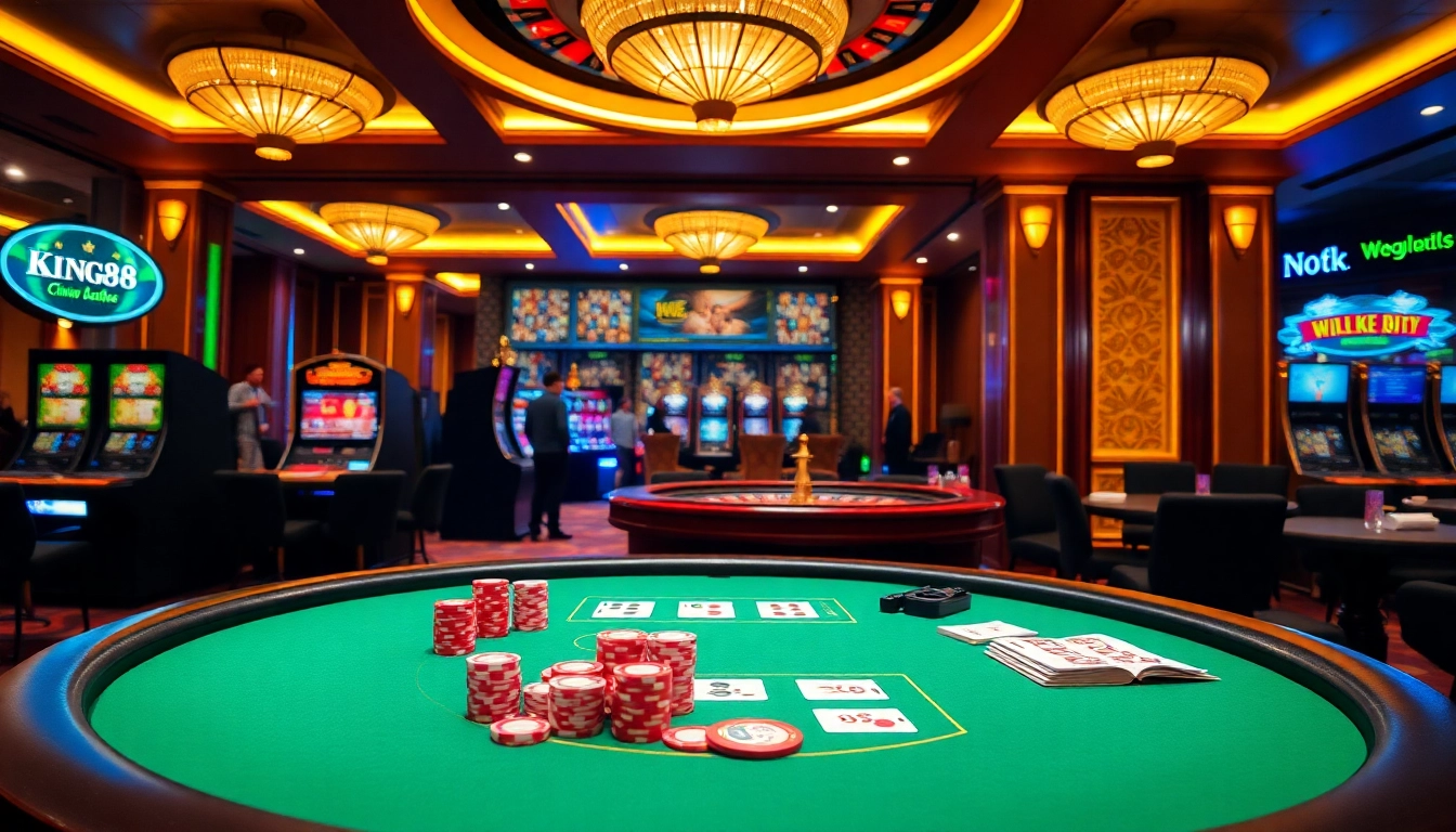 Experience the excitement of King88 com at a vibrant casino table with poker chips and cards.