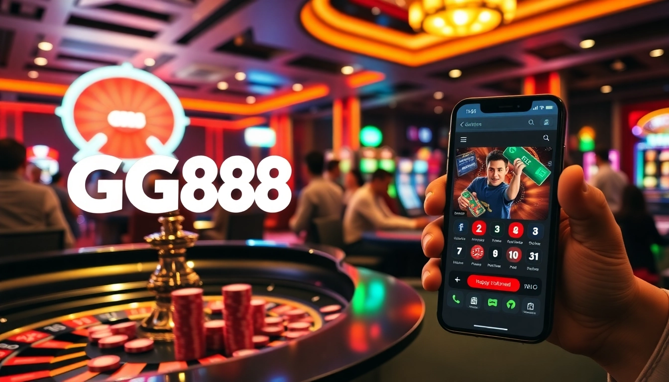 Betting with excitement at GG88's vibrant casino scene featuring roulette and slot machines.