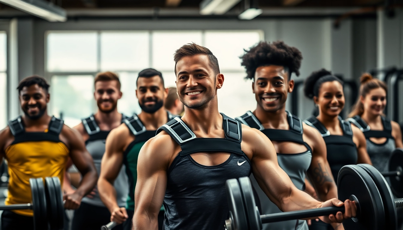 Shoulder brace for weightlifting providing support to athletes in a vibrant gym setting.