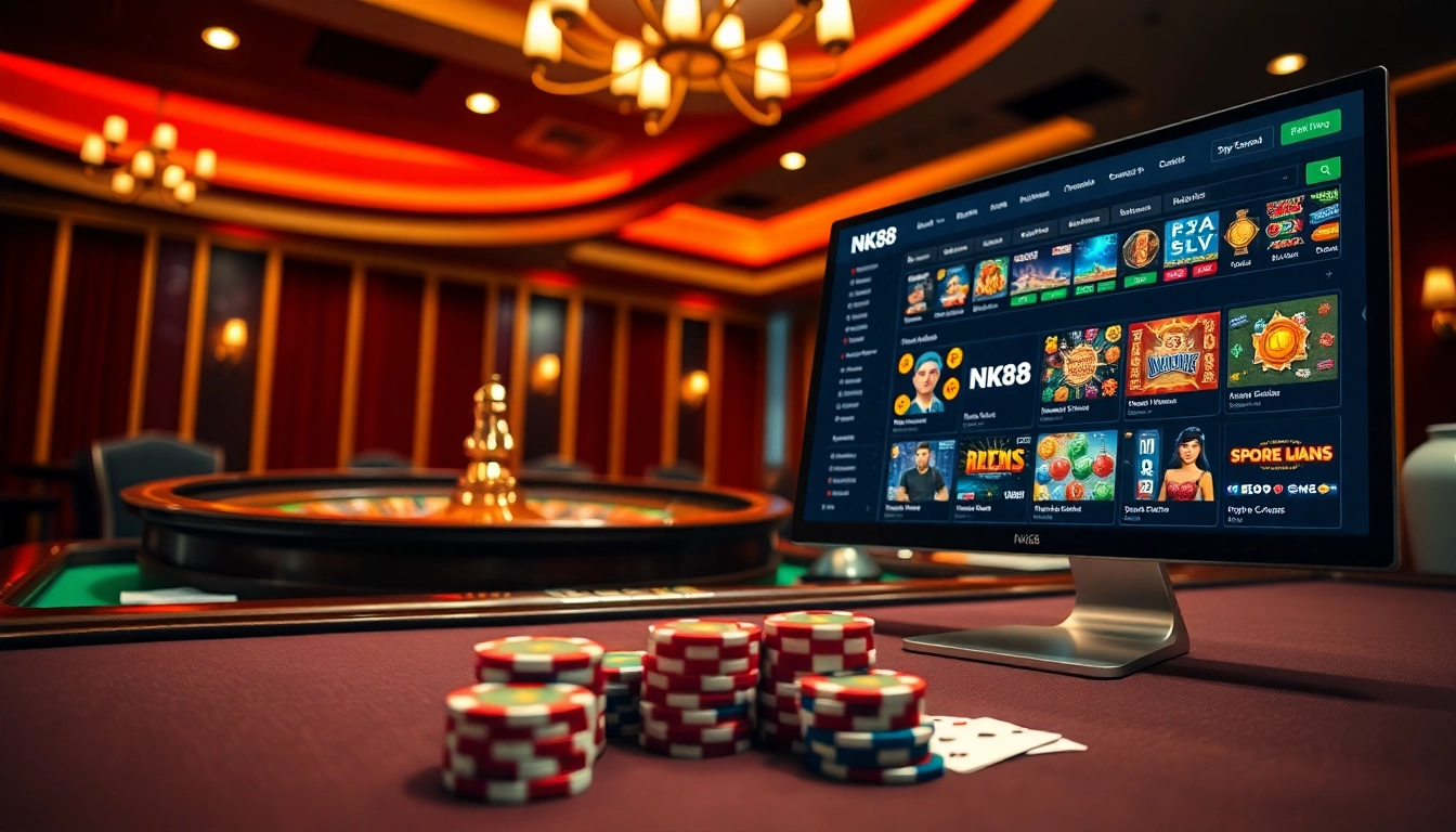 NK88 showcases a luxurious casino scene with poker chips and a roulette wheel in action.