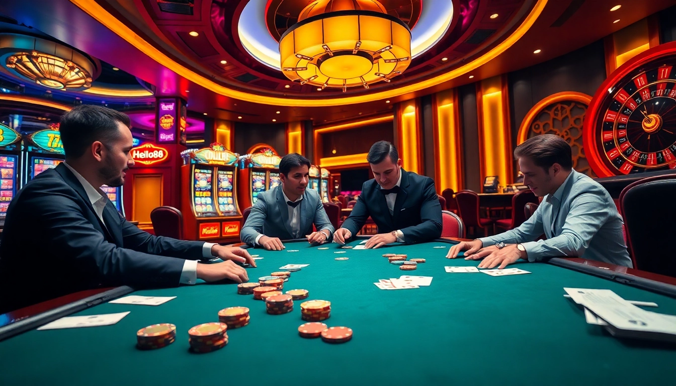 Players at a thrilling Hello88 poker table, showcasing the high-stakes gambling experience.