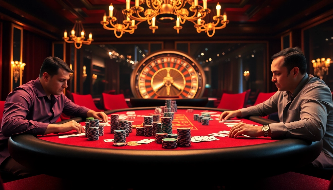 High-stakes gambling scene at F8BET with players at a poker table and chips scattered.