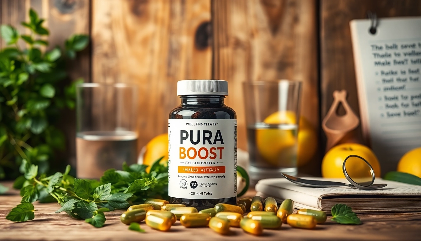 Puraboost capsules enhancing male vitality surrounded by natural herbs and fruits, promoting wellness.