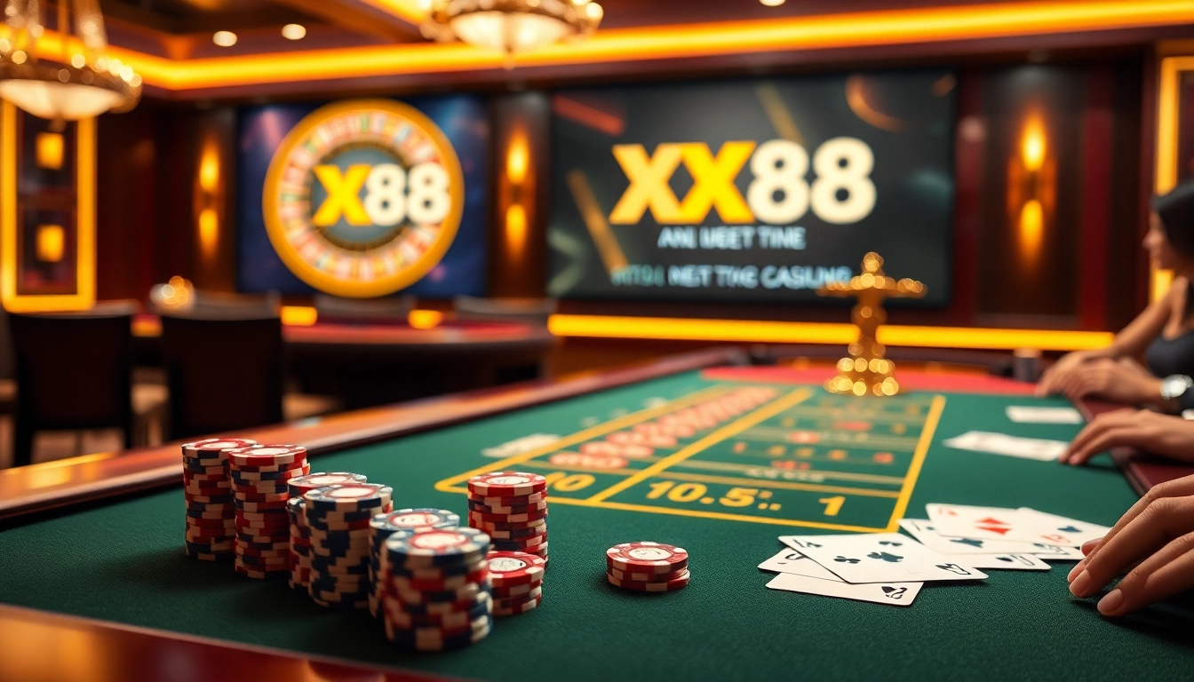 Experience thrilling gaming at https://xx88.nl/, showcasing poker chips and a roulette wheel in an elegant casino setting.
