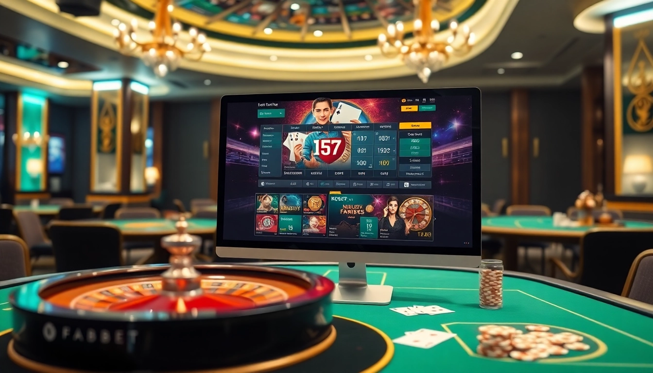 Experience the thrill of gambling with Link vào FABET, vibrant online casino visuals including poker chips and roulette.