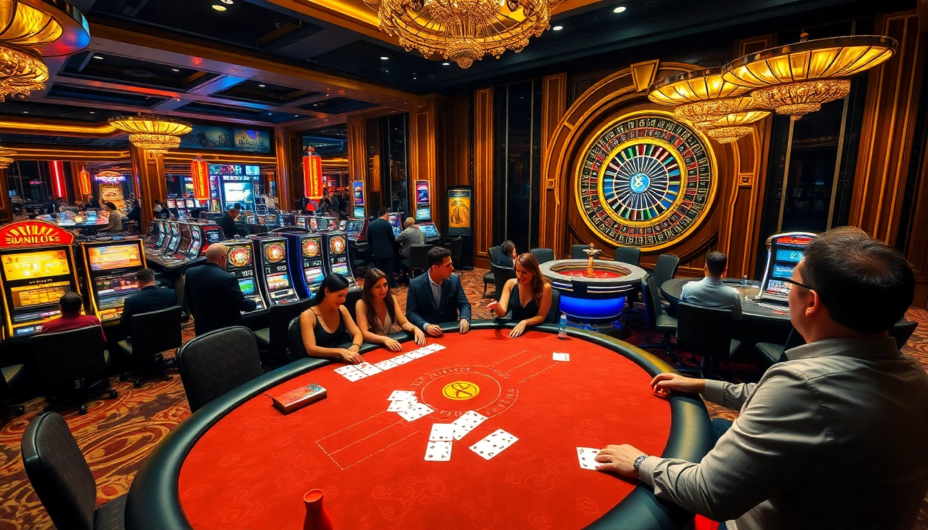 Exciting casino scene showcasing poker and roulette at https://mm88.forex/ with lively gaming atmosphere.