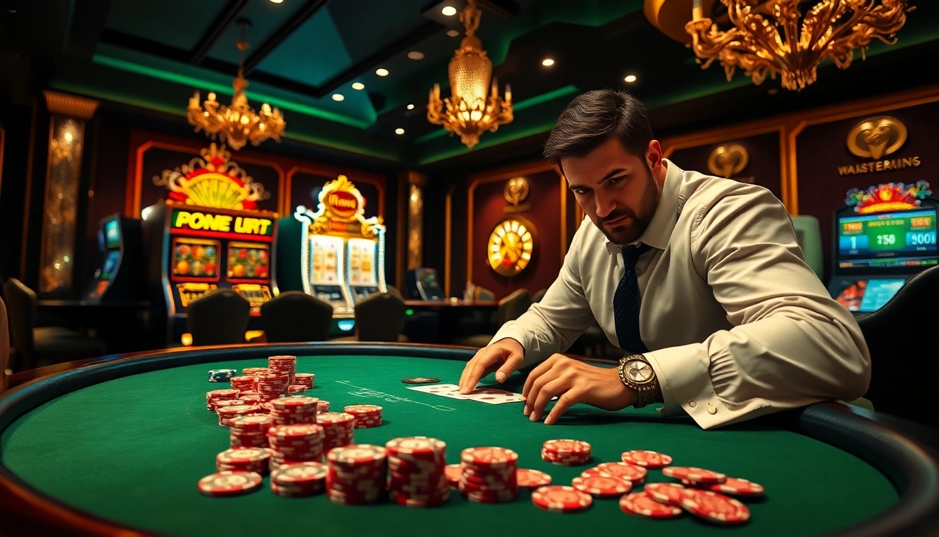 Gambling at Nhà Cái BJ888 with intense poker game and vibrant casino ambiance.