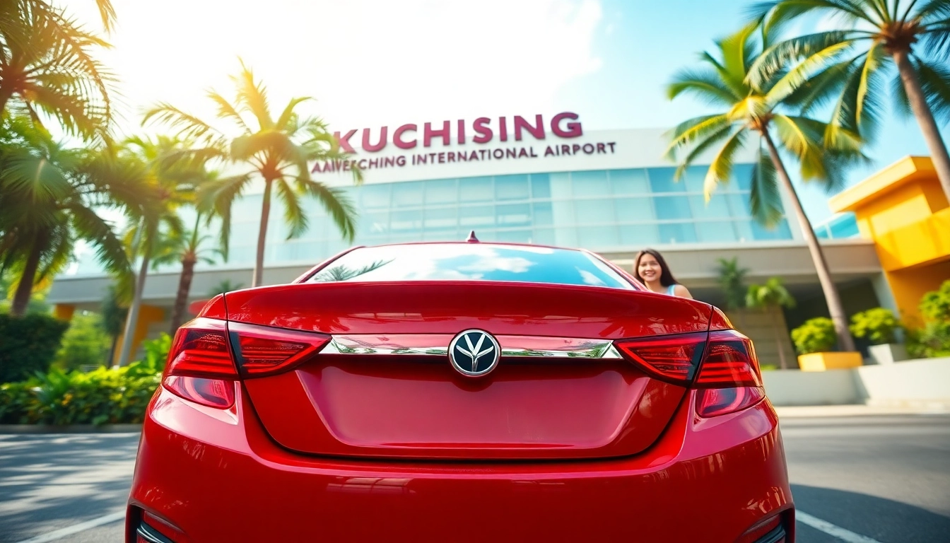 Car rental at Kuching with travelers enjoying a vibrant airport scene.