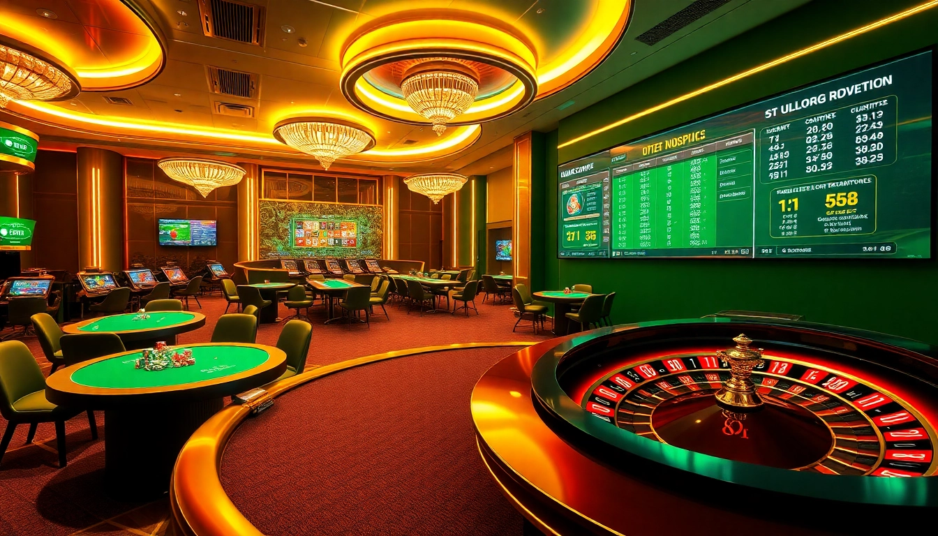A dynamic scene of a luxurious casino featuring the go8 game with engaged players and vibrant roulette wheels.