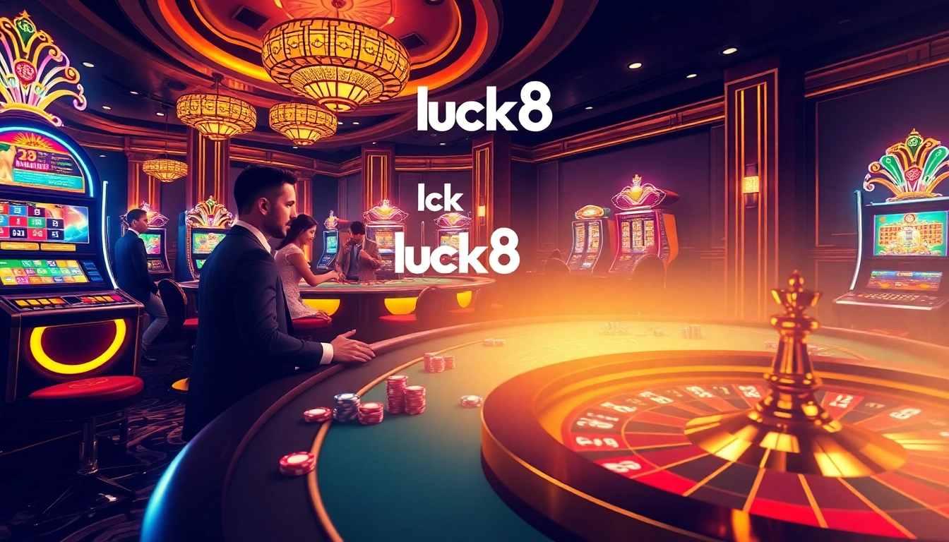 Players enjoying a thrilling game at luck8's lavish casino table amidst vibrant slot machines.