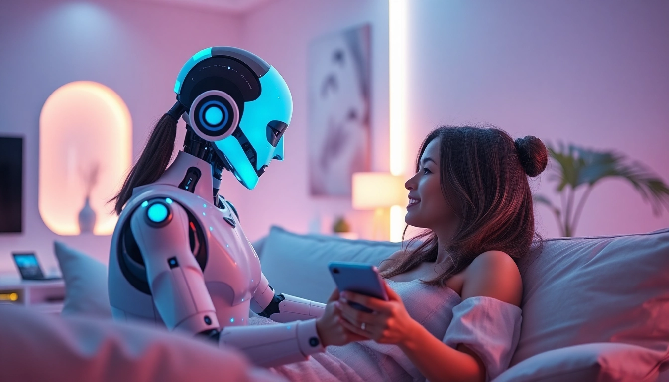 Exploring sex ai with a futuristic AI companion in a modern, intimate setting.