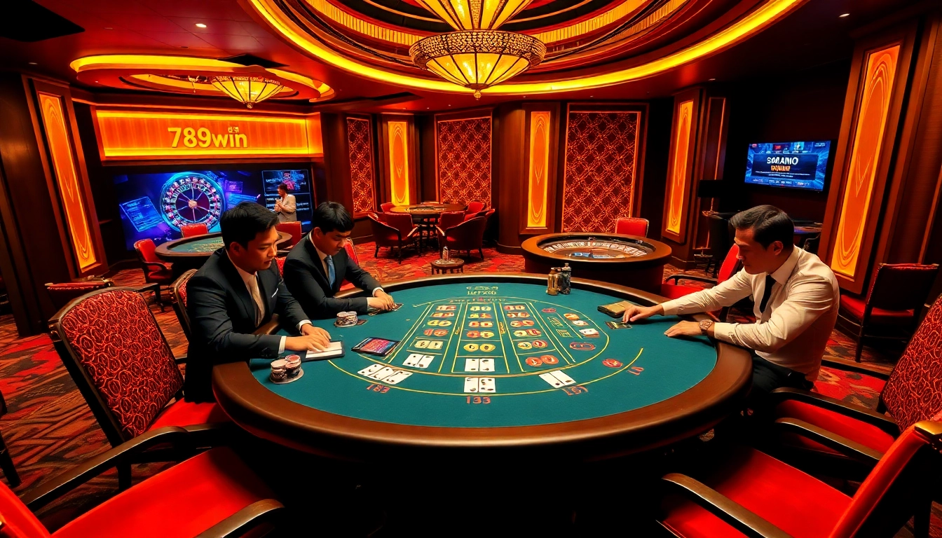 Action-packed scene at a luxury casino table featuring nhà cái 789win with dealers, players, and vibrant gambling elements.