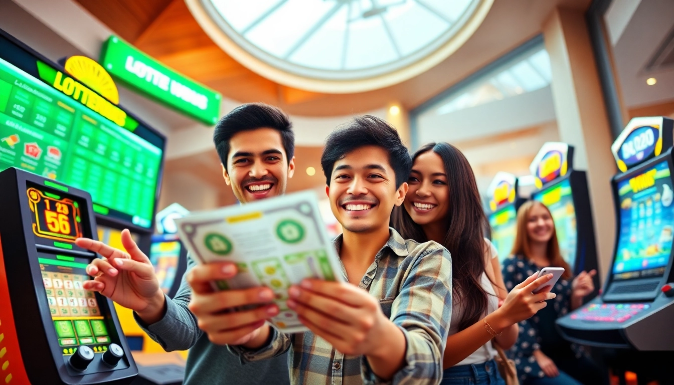 Experience the excitement of online gaming at https://rr88ez.com/ with a lively group celebrating their lottery wins.